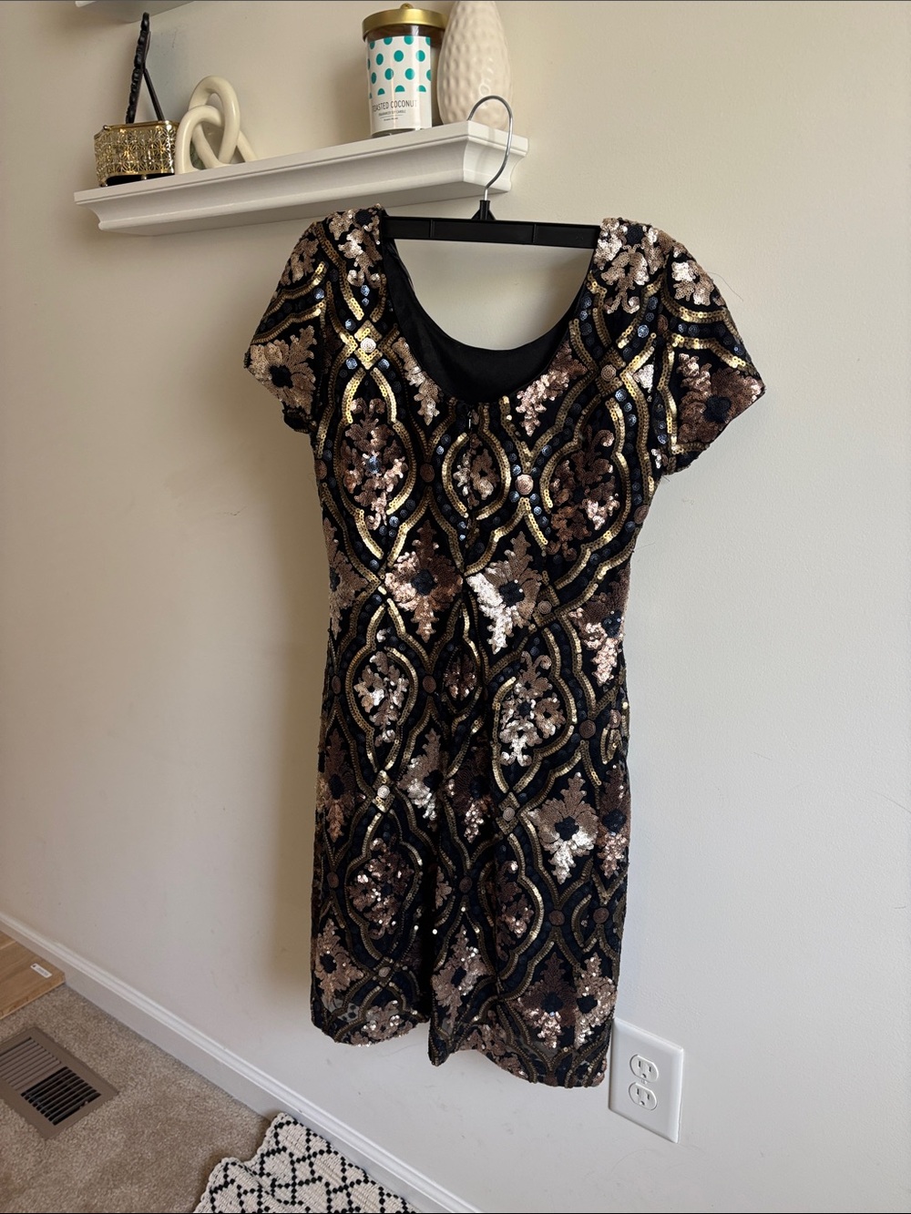 Black Sequin Midi Dress with Gold Floral Accents